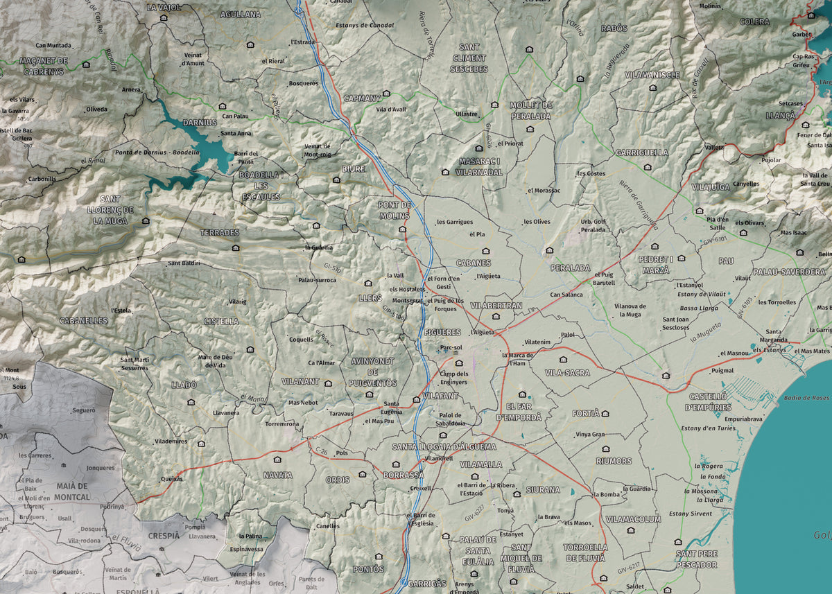 Mapa de relleu de l’Alt Empordà, amb el territori en color i l’entorn en blanc. Detall de la part central. 50 × 70 cm. Estil Cartogràfic.
