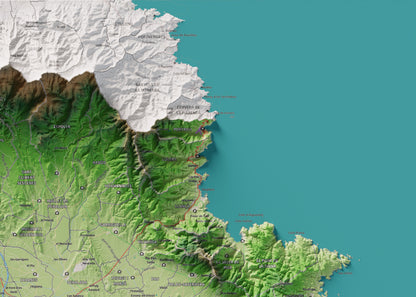 Mapa de relleu de l’Alt Empordà, amb el territori en color i l’entorn en blanc. Detall de la part superior dreta. 50 × 70 cm. Estil Clàssic.
