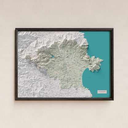 Mapa de relleu de l’Alt Empordà, amb el territori en color i l’entorn en blanc. Presentació amb marc. 50 × 70 cm. Estil Cartogràfic.