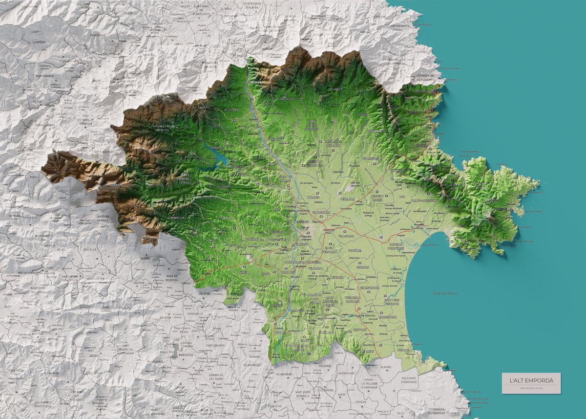 Mapa de relleu de l’Alt Empordà, amb el territori en color i l’entorn en blanc. Vista completa de la làmina. 50 × 70 cm. Estil Clàssic.