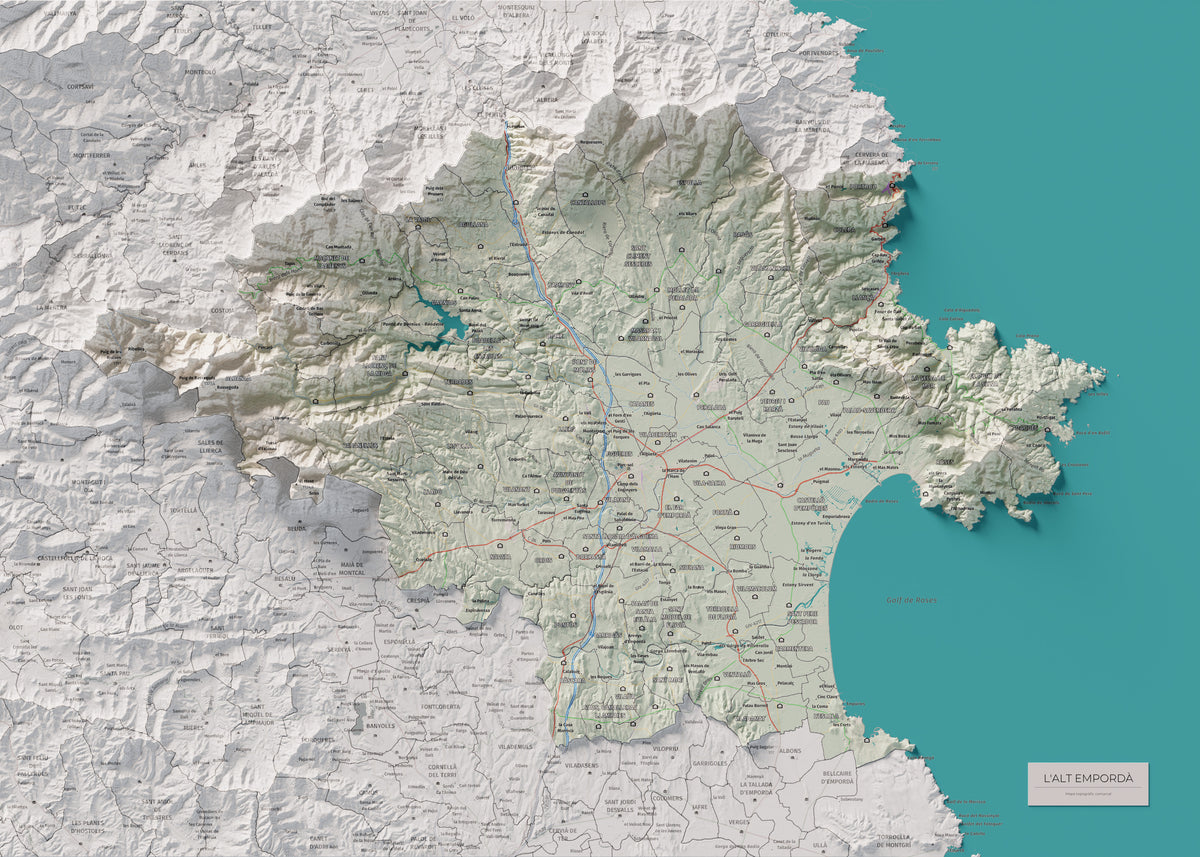 Mapa de relleu de l’Alt Empordà, amb el territori en color i l’entorn en blanc. Vista completa de la làmina. 50 × 70 cm. Estil Cartogràfic.