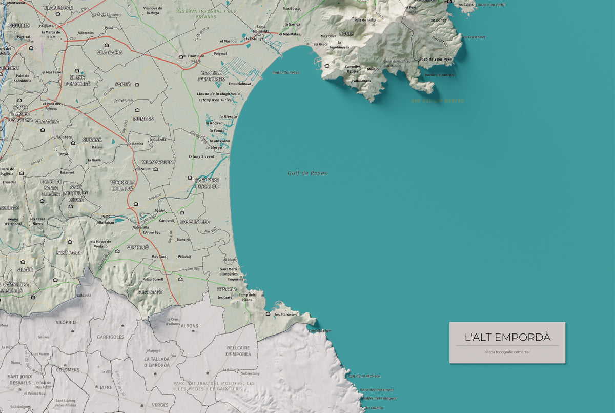 Mapa de relleu de l’Alt Empordà, amb el territori en color i l’entorn en blanc. Detall de la part inferior dreta. 61 × 91 cm. Estil Cartogràfic.