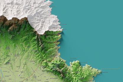 Mapa de relleu de l’Alt Empordà, amb el territori en color i l’entorn en blanc. Detall de la part superior dreta. 61 × 91 cm. Estil Clàssic.