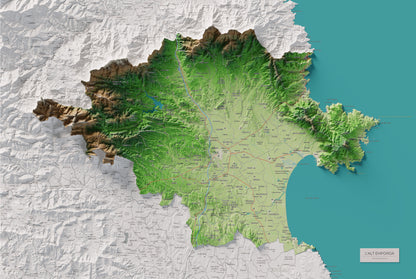 Mapa de relleu de l’Alt Empordà, amb el territori en color i l’entorn en blanc. Vista completa de la làmina. 61 × 91 cm. Estil Clàssic.
