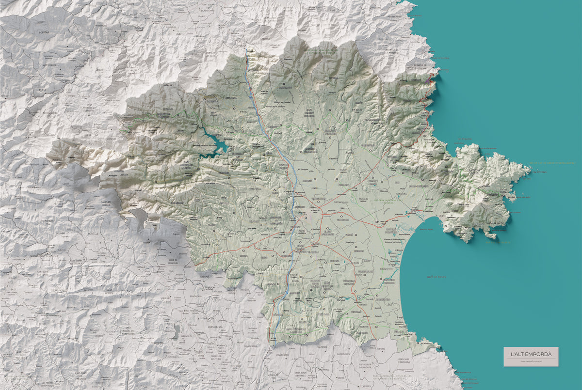 Mapa de relleu de l’Alt Empordà, amb el territori en color i l’entorn en blanc. Vista completa de la làmina. 61 × 91 cm. Estil Cartogràfic.