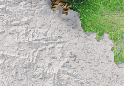 Mapa de relleu de l’Alt Empordà, amb el territori en color i l’entorn en blanc. Detall de la part inferior esquerra. 70 × 100 cm. Estil Clàssic.