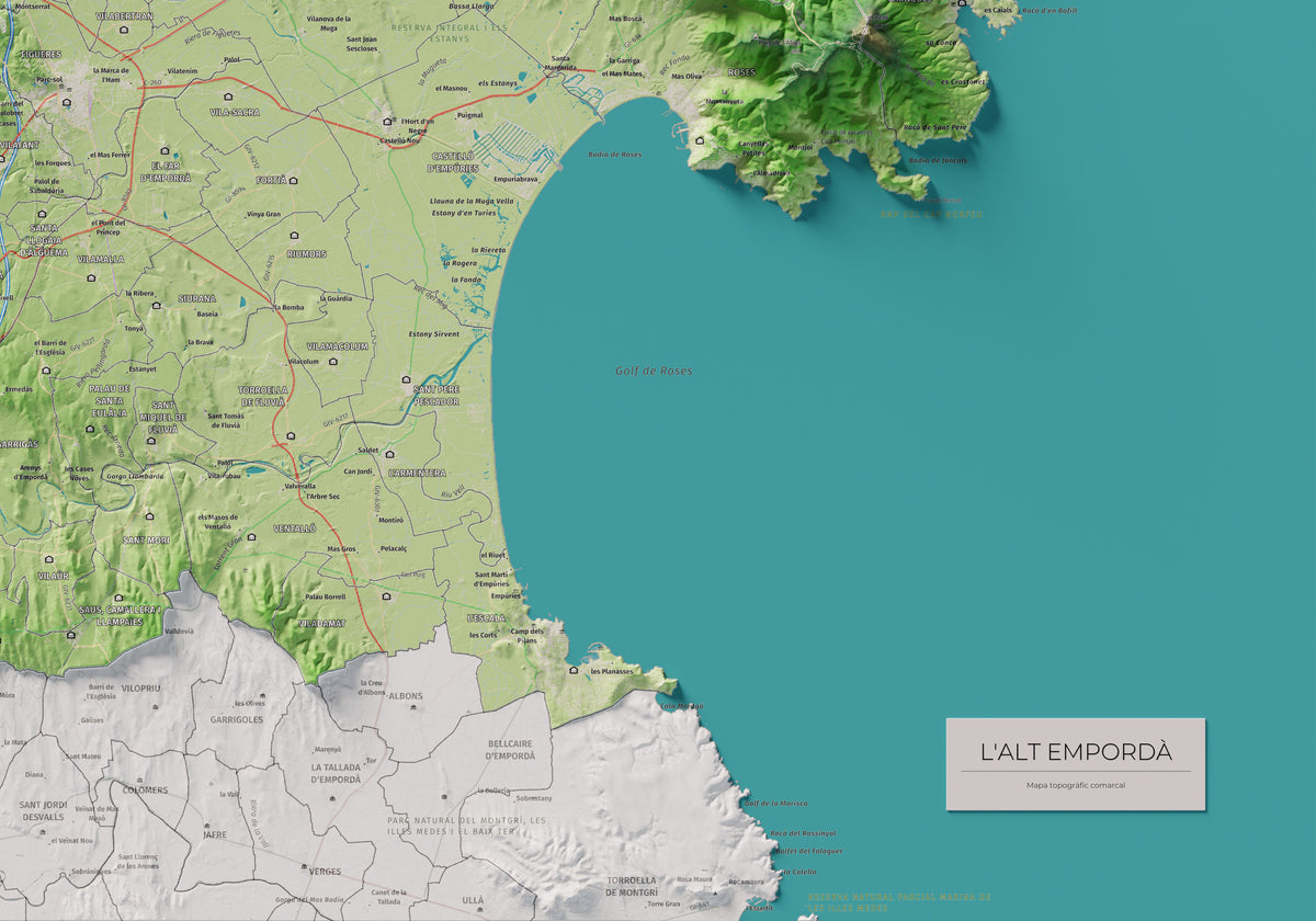 Mapa de relleu de l’Alt Empordà, amb el territori en color i l’entorn en blanc. Detall de la part inferior dreta. 70 × 100 cm. Estil Clàssic.