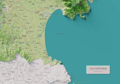 Mapa de relleu de l’Alt Empordà, amb el territori en color i l’entorn en blanc. Detall de la part inferior dreta. 70 × 100 cm. Estil Clàssic.
