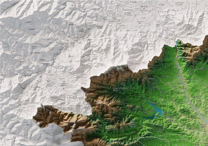 Mapa de relleu de l’Alt Empordà, amb el territori en color i l’entorn en blanc. Detall de la part superior esquerra. 70 × 100 cm. Estil Clàssic.
