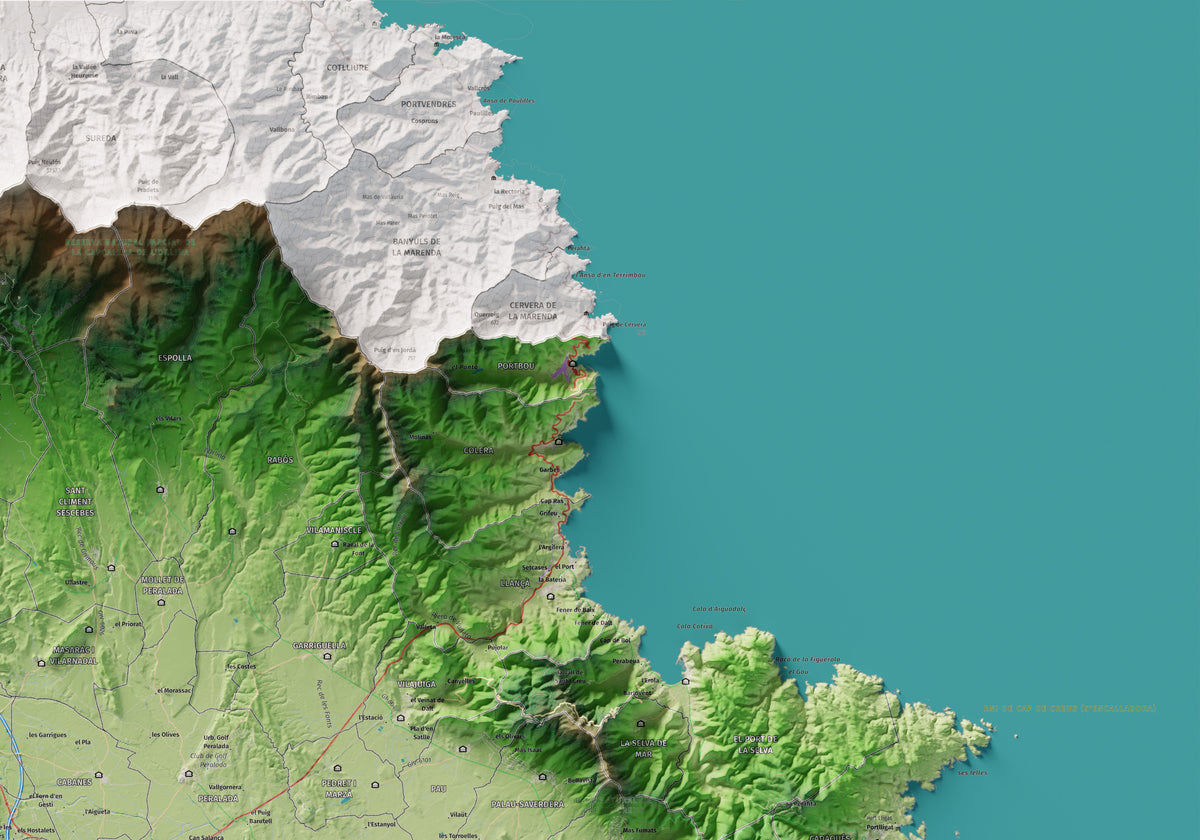 Mapa de relleu de l’Alt Empordà, amb el territori en color i l’entorn en blanc. Detall de la part superior dreta. 70 × 100 cm. Estil Clàssic.