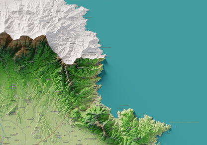 Mapa de relleu de l’Alt Empordà, amb el territori en color i l’entorn en blanc. Detall de la part superior dreta. 70 × 100 cm. Estil Clàssic.