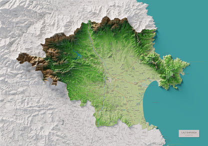 Mapa de relleu de l’Alt Empordà, amb el territori en color i l’entorn en blanc. Vista completa de la làmina. 70 × 100 cm. Estil Clàssic.