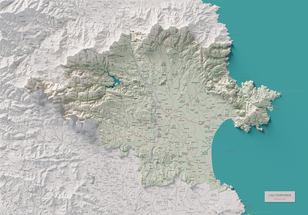 Mapa de relleu de l’Alt Empordà, amb el territori en color i l’entorn en blanc. Vista completa de la làmina. 70 × 100 cm. Estil Cartogràfic.
