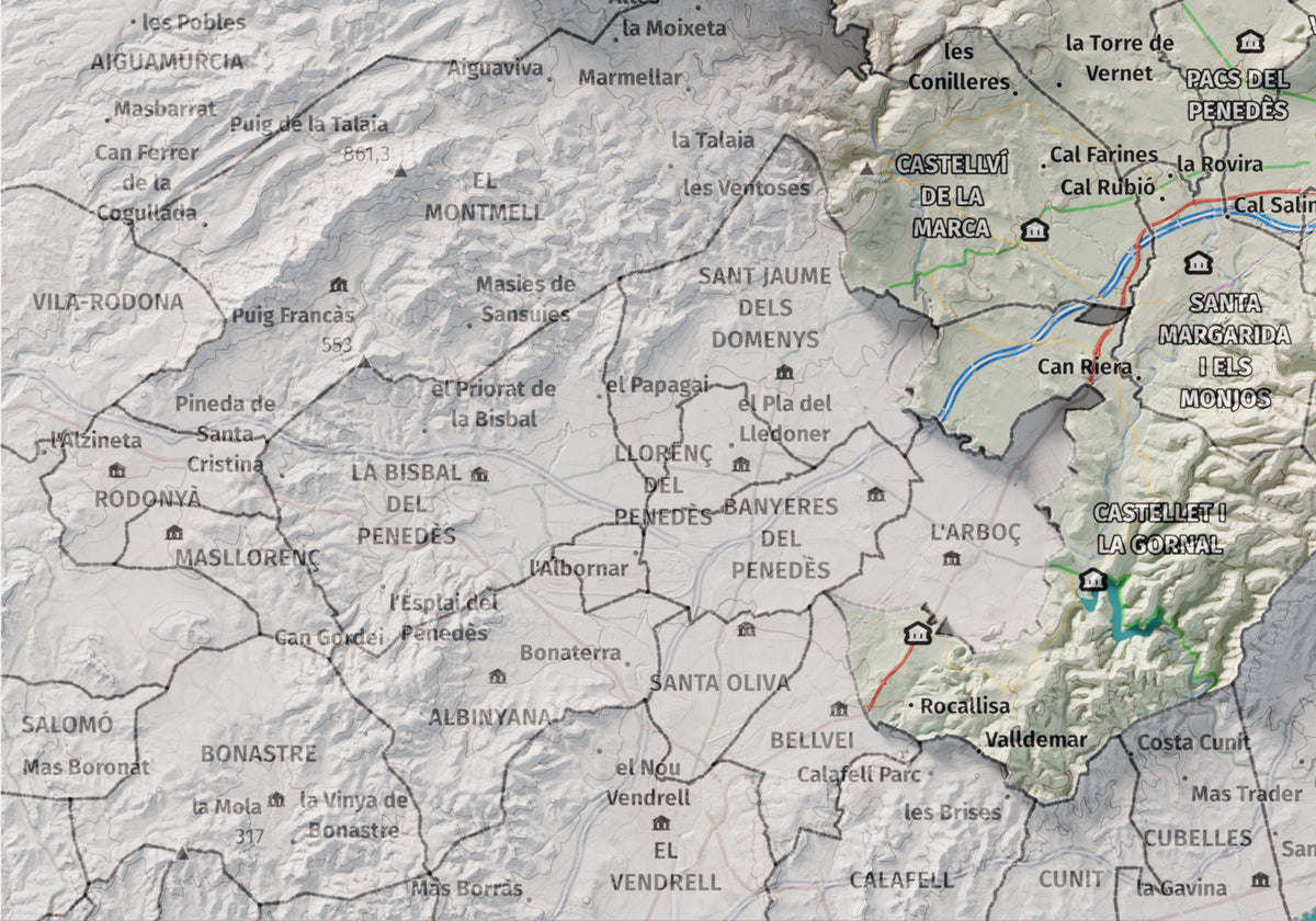 Mapa de relieve del Alt Penedès, con el territorio en color y el entorno en blanco. Detalle de la zona inferior izquierda. 21 × 30 cm. Estilo Cartográfico.
