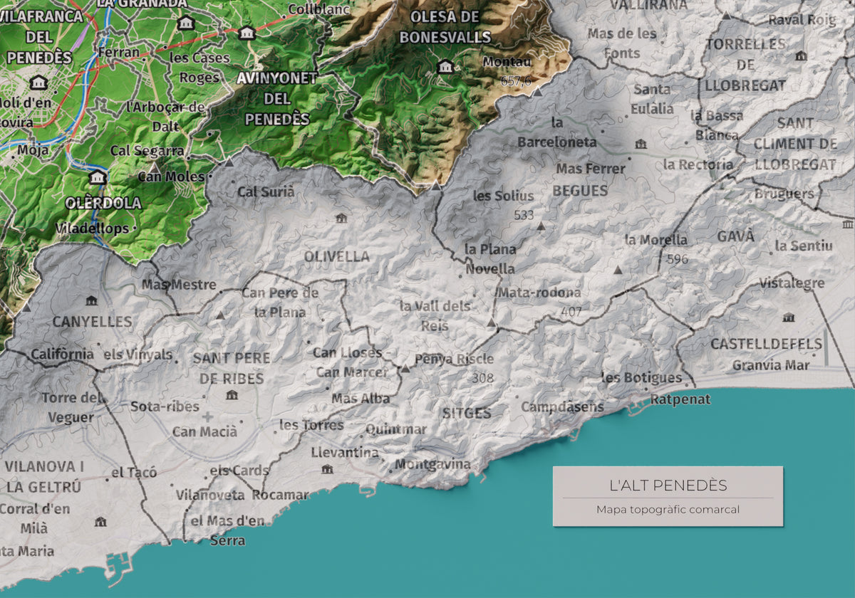 Mapa de relieve del Alt Penedès, con el territorio en color y el entorno en blanco. Detalle de la zona inferior derecha. 21 × 30 cm. Estilo Clásico.