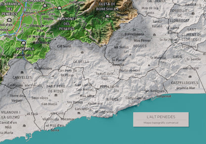 Mapa de relieve del Alt Penedès, con el territorio en color y el entorno en blanco. Detalle de la zona inferior derecha. 21 × 30 cm. Estilo Clásico.