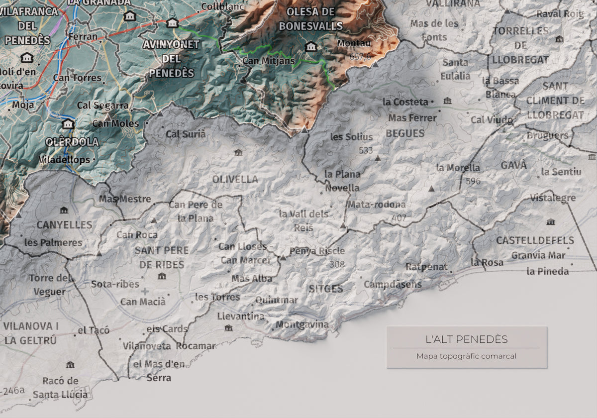 Mapa de relieve del Alt Penedès, con el territorio en color y el entorno en blanco. Detalle de la zona inferior derecha. 21 × 30 cm. Estilo Azul y naranja.