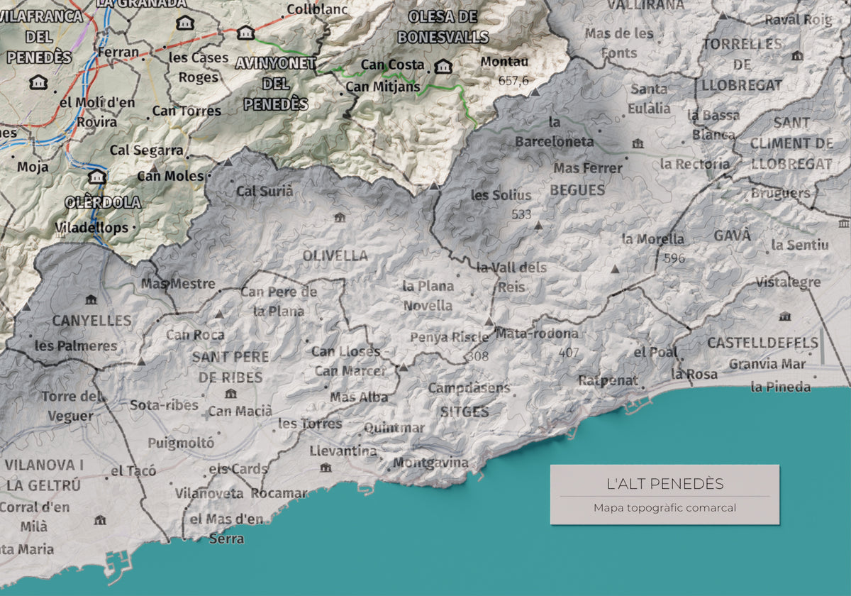 Mapa de relieve del Alt Penedès, con el territorio en color y el entorno en blanco. Detalle de la zona inferior derecha. 21 × 30 cm. Estilo Cartográfico.