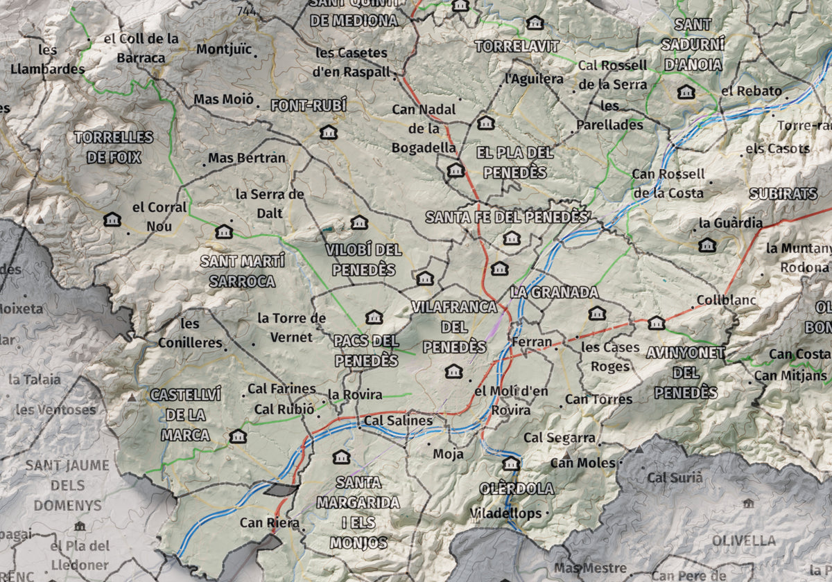 Mapa de relieve del Alt Penedès, con el territorio en color y el entorno en blanco. Detalle de la zona central. 21 × 30 cm. Estilo Cartográfico.