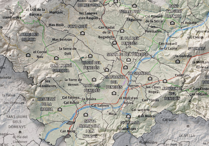 Mapa de relieve del Alt Penedès, con el territorio en color y el entorno en blanco. Detalle de la zona central. 21 × 30 cm. Estilo Cartográfico.