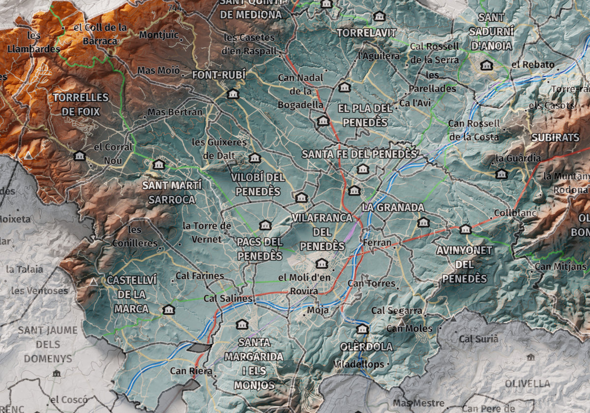Mapa de relieve del Alt Penedès, con el territorio en color y el entorno en blanco. Detalle de la zona central. 21 × 30 cm. Estilo Azul y naranja.