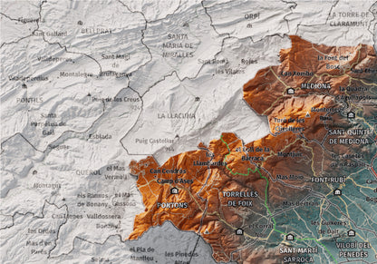 Mapa de relieve del Alt Penedès, con el territorio en color y el entorno en blanco. Detalle de la zona superior izquierda. 21 × 30 cm. Estilo Azul y naranja.