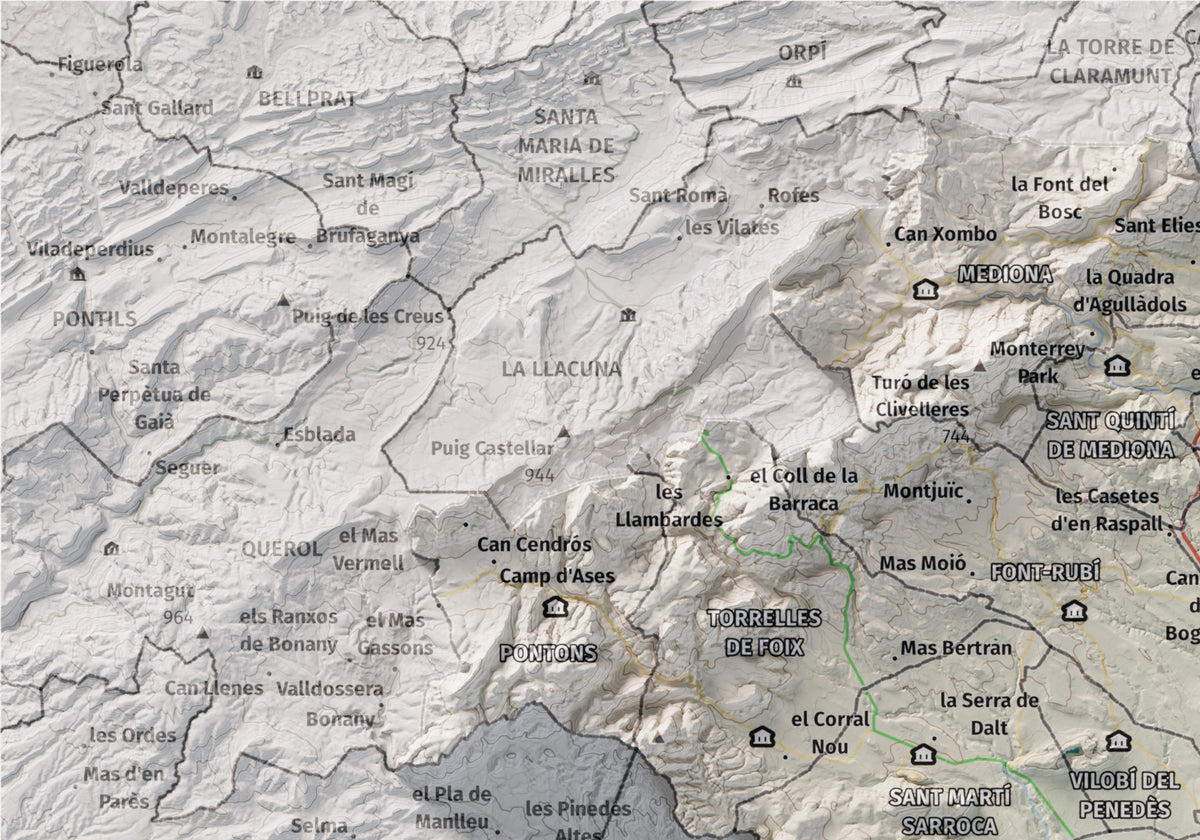 Mapa de relieve del Alt Penedès, con el territorio en color y el entorno en blanco. Detalle de la zona superior izquierda. 21 × 30 cm. Estilo Cartográfico.