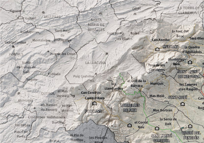 Mapa de relieve del Alt Penedès, con el territorio en color y el entorno en blanco. Detalle de la zona superior izquierda. 21 × 30 cm. Estilo Cartográfico.