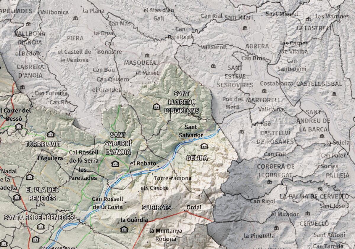 Mapa de relieve del Alt Penedès, con el territorio en color y el entorno en blanco. Detalle de la zona superior derecha. 21 × 30 cm. Estilo Cartográfico.