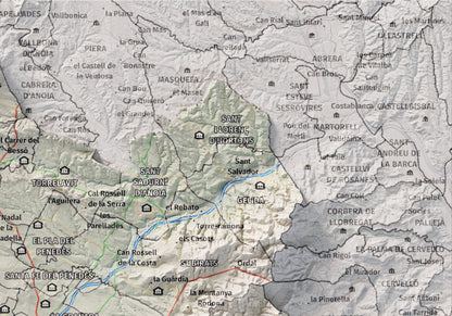 Mapa de relieve del Alt Penedès, con el territorio en color y el entorno en blanco. Detalle de la zona superior derecha. 21 × 30 cm. Estilo Cartográfico.
