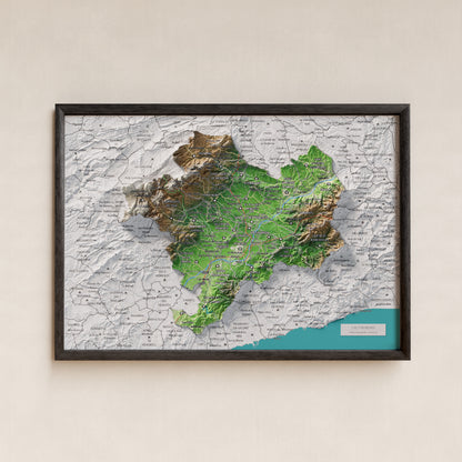 Mapa de relieve del Alt Penedès, con el territorio en color y el entorno en blanco. Presentación con marco. 21 × 30 cm. Estilo Clásico.