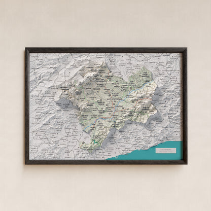 Mapa de relieve del Alt Penedès, con el territorio en color y el entorno en blanco. Presentación con marco. 21 × 30 cm. Estilo Cartográfico.