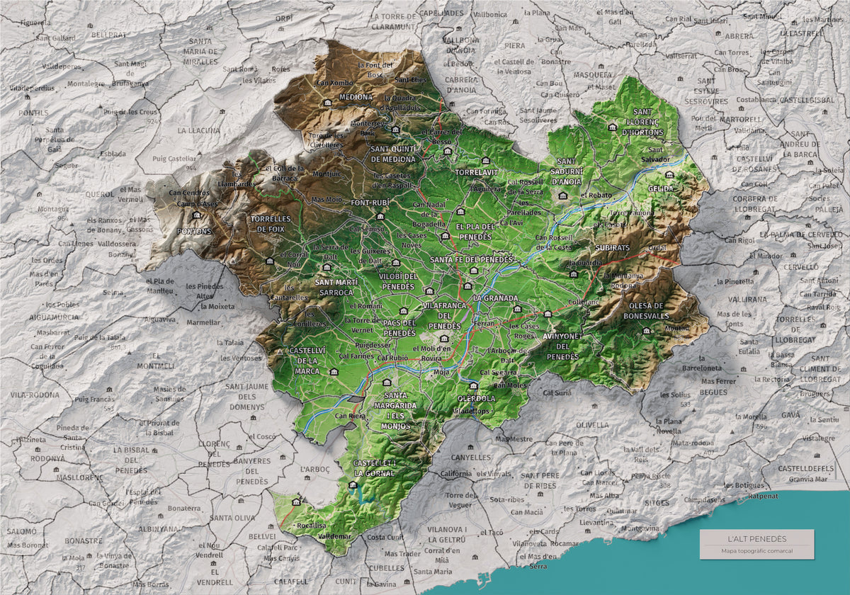 Mapa de relieve del Alt Penedès, con el territorio en color y el entorno en blanco. Vista completa de la lámina. 21 × 30 cm. Estilo Clásico.
