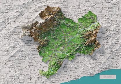 Mapa de relieve del Alt Penedès, con el territorio en color y el entorno en blanco. Vista completa de la lámina. 21 × 30 cm. Estilo Clásico.