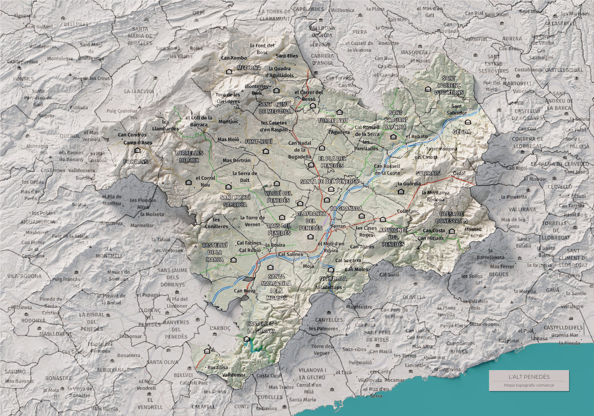 Mapa de relieve del Alt Penedès, con el territorio en color y el entorno en blanco. Vista completa de la lámina. 21 × 30 cm. Estilo Cartográfico.