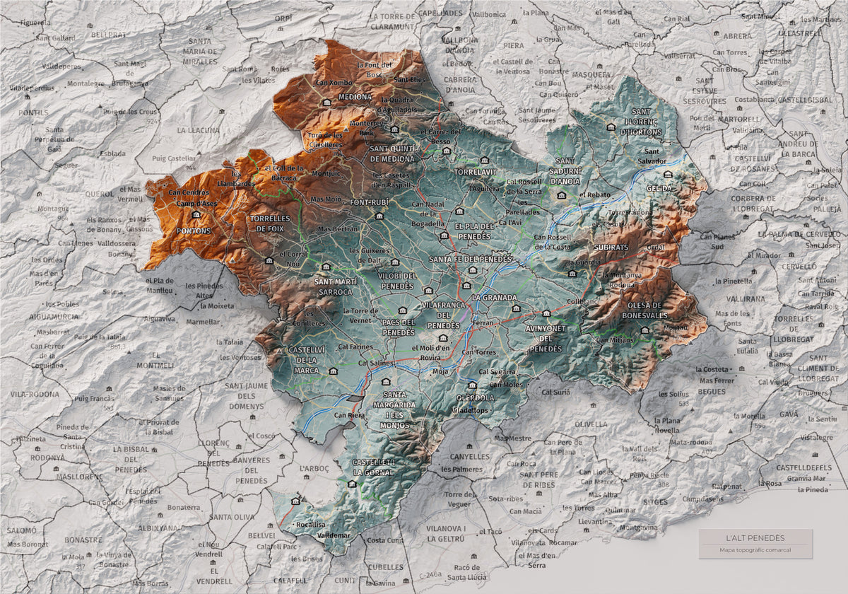 Mapa de relieve del Alt Penedès, con el territorio en color y el entorno en blanco. Vista completa de la lámina. 21 × 30 cm. Estilo Azul y naranja.