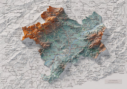 Mapa de relieve del Alt Penedès, con el territorio en color y el entorno en blanco. Vista completa de la lámina. 21 × 30 cm. Estilo Azul y naranja.