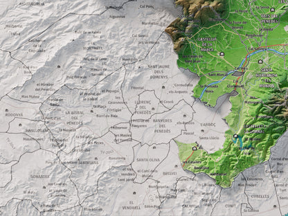 Mapa de relieve del Alt Penedès, con el territorio en color y el entorno en blanco. Detalle de la zona inferior izquierda. 30 × 40 cm. Estilo Clásico.