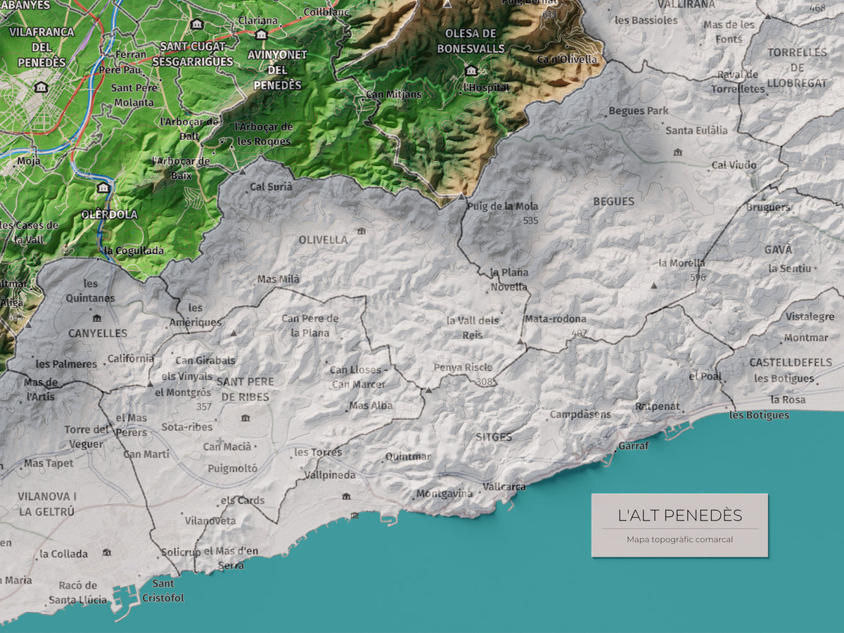 Mapa de relieve del Alt Penedès, con el territorio en color y el entorno en blanco. Detalle de la zona inferior derecha. 30 × 40 cm. Estilo Clásico.