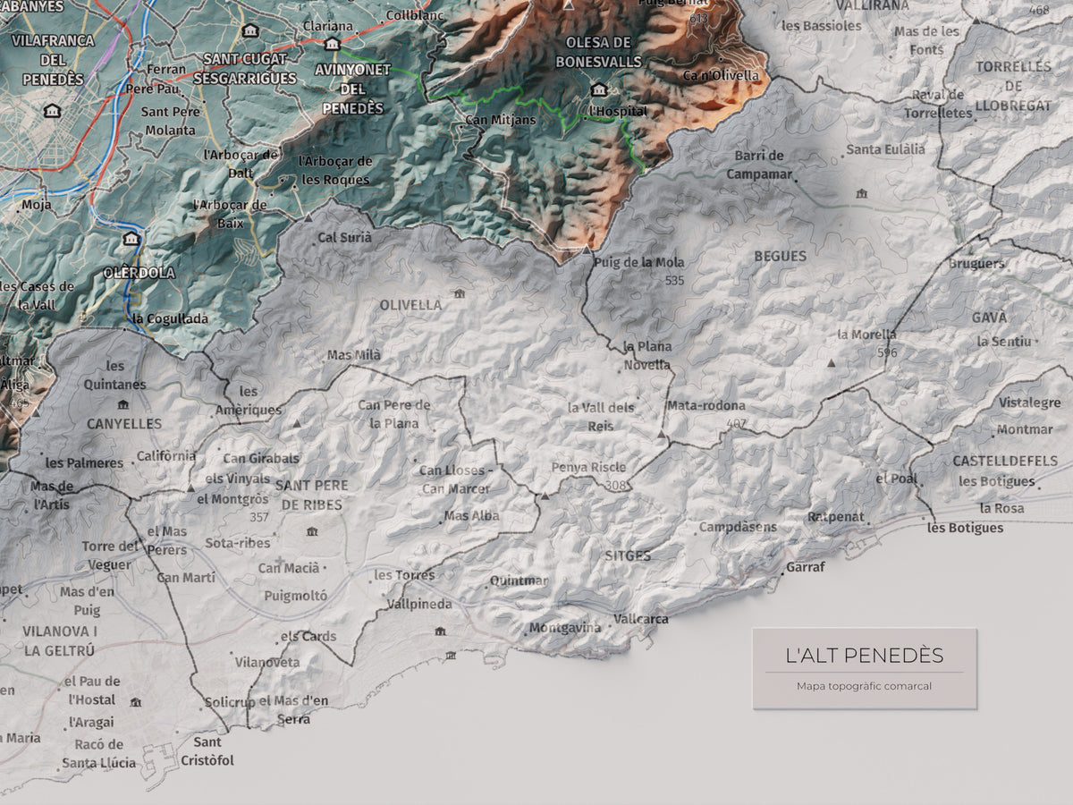 Mapa de relieve del Alt Penedès, con el territorio en color y el entorno en blanco. Detalle de la zona inferior derecha. 30 × 40 cm. Estilo Azul y naranja.
