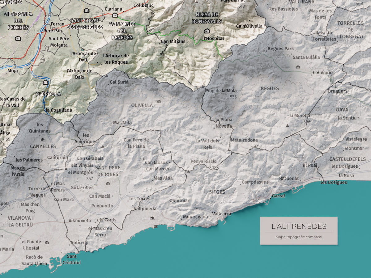 Mapa de relieve del Alt Penedès, con el territorio en color y el entorno en blanco. Detalle de la zona inferior derecha. 30 × 40 cm. Estilo Cartográfico.