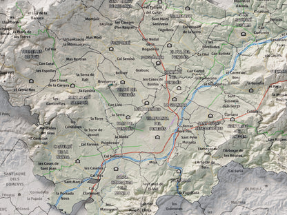 Mapa de relieve del Alt Penedès, con el territorio en color y el entorno en blanco. Detalle de la zona central. 30 × 40 cm. Estilo Cartográfico.