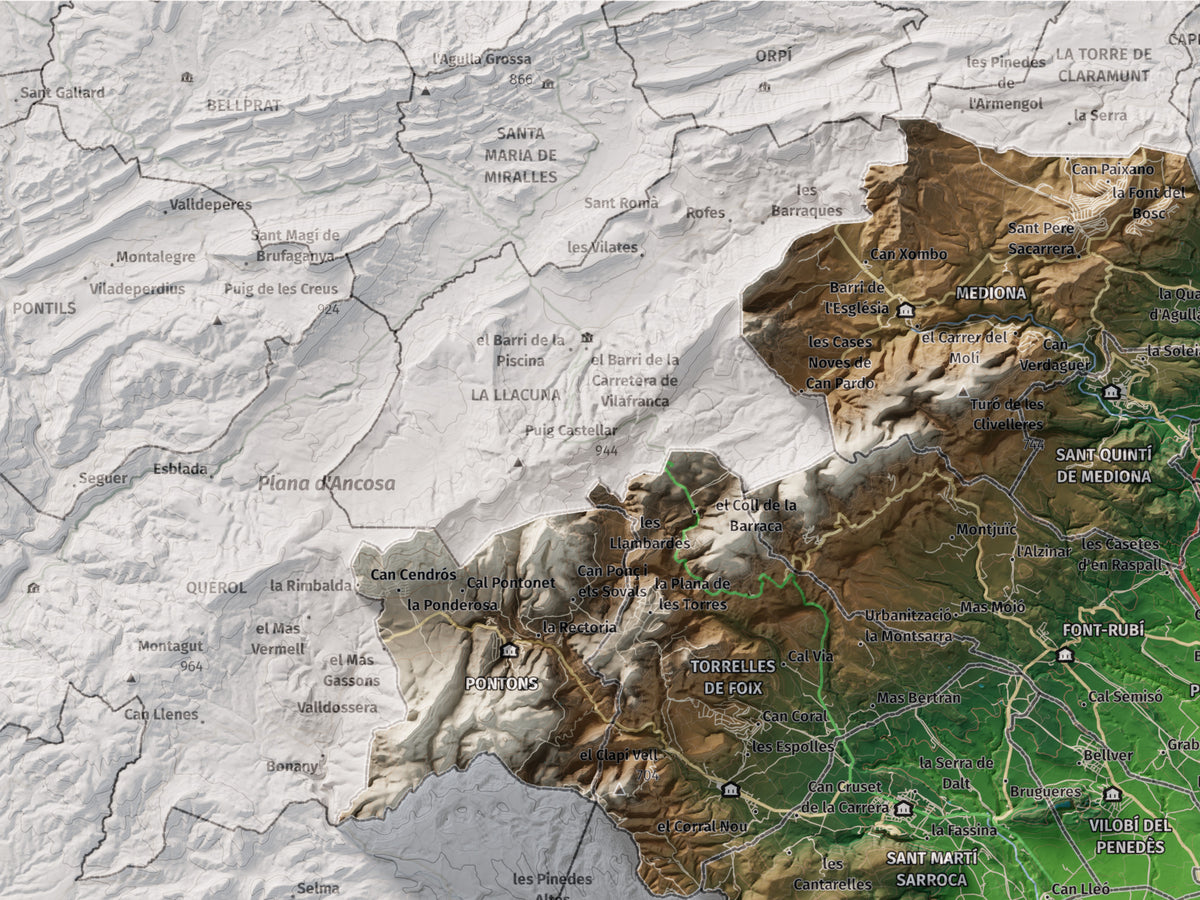 Mapa de relieve del Alt Penedès, con el territorio en color y el entorno en blanco. Detalle de la zona superior izquierda. 30 × 40 cm. Estilo Clásico.