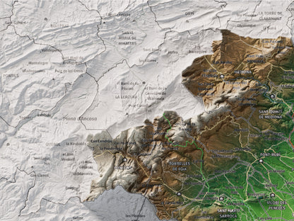 Mapa de relieve del Alt Penedès, con el territorio en color y el entorno en blanco. Detalle de la zona superior izquierda. 30 × 40 cm. Estilo Clásico.