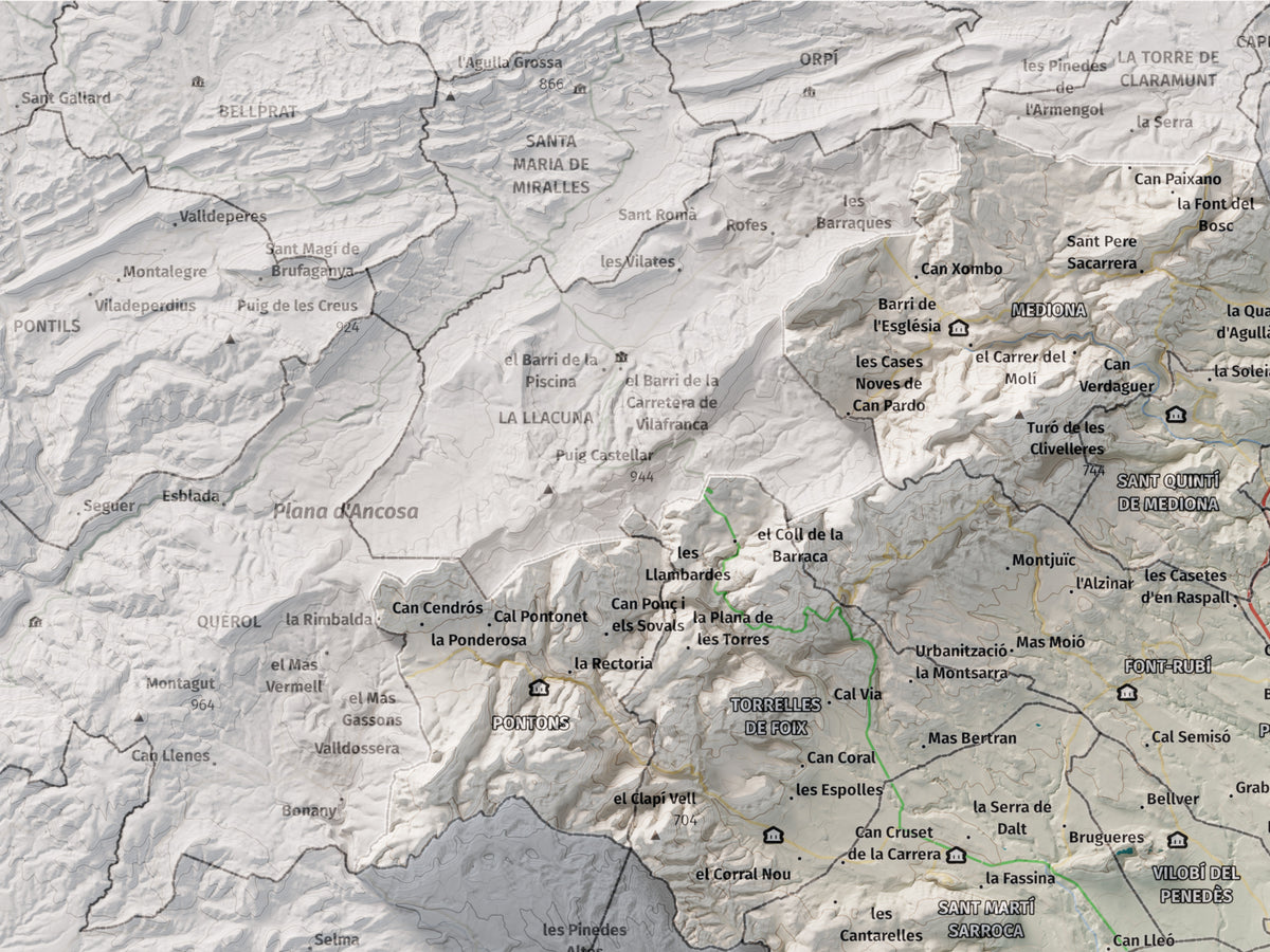Mapa de relieve del Alt Penedès, con el territorio en color y el entorno en blanco. Detalle de la zona superior izquierda. 30 × 40 cm. Estilo Cartográfico.