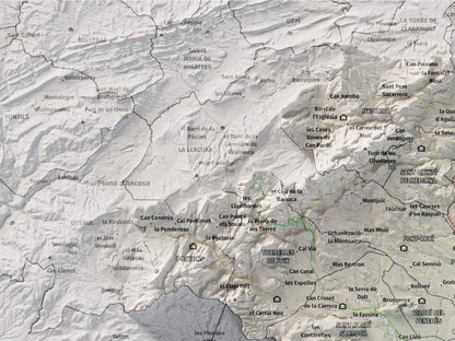 Mapa de relieve del Alt Penedès, con el territorio en color y el entorno en blanco. Detalle de la zona superior izquierda. 30 × 40 cm. Estilo Cartográfico.