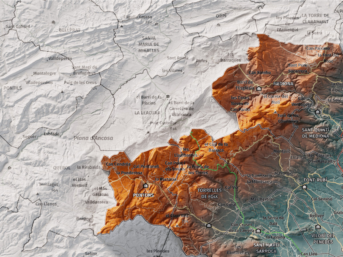 Mapa de relieve del Alt Penedès, con el territorio en color y el entorno en blanco. Detalle de la zona superior izquierda. 30 × 40 cm. Estilo Azul y naranja.