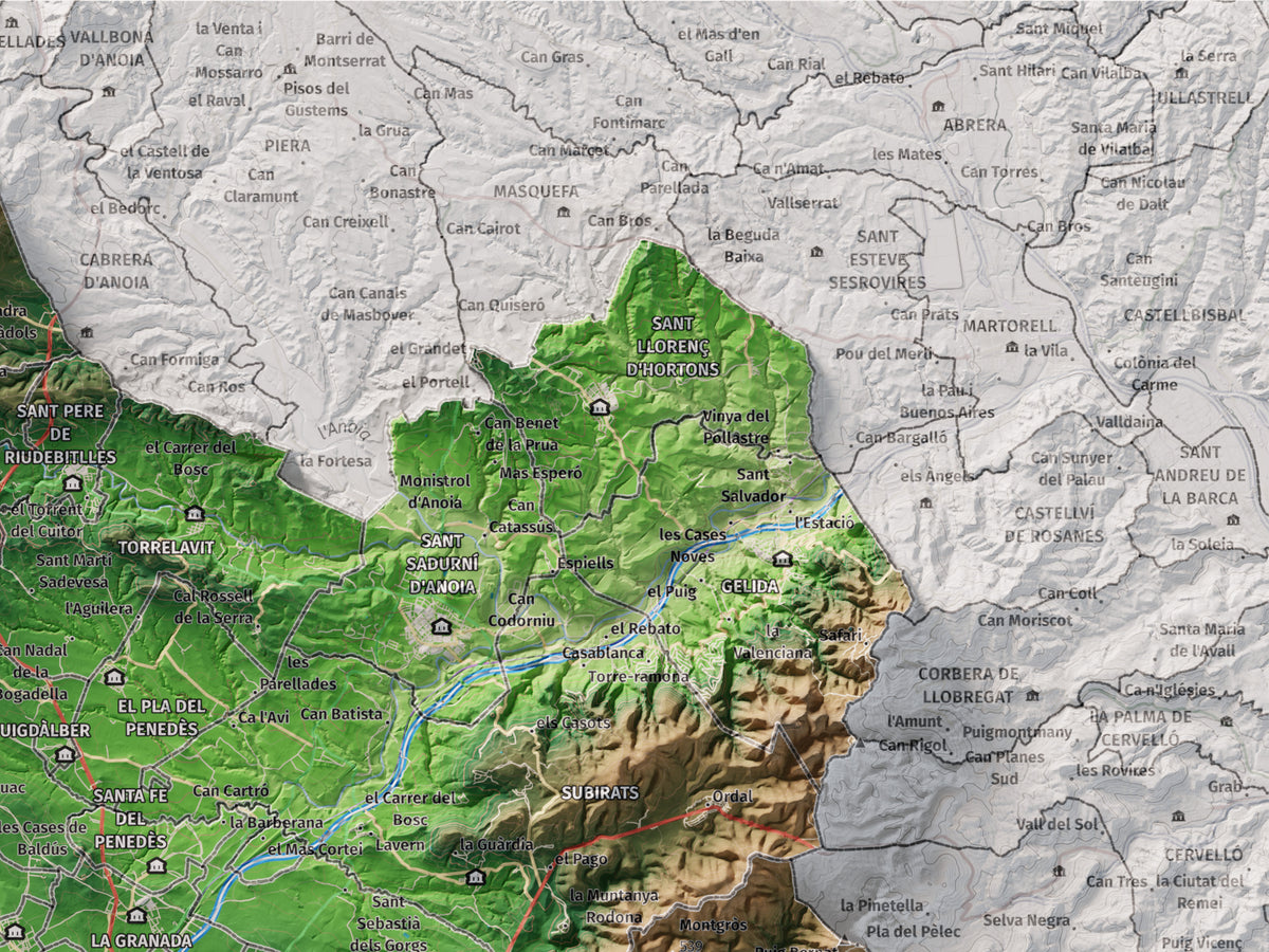 Mapa de relieve del Alt Penedès, con el territorio en color y el entorno en blanco. Detalle de la zona superior derecha. 30 × 40 cm. Estilo Clásico.