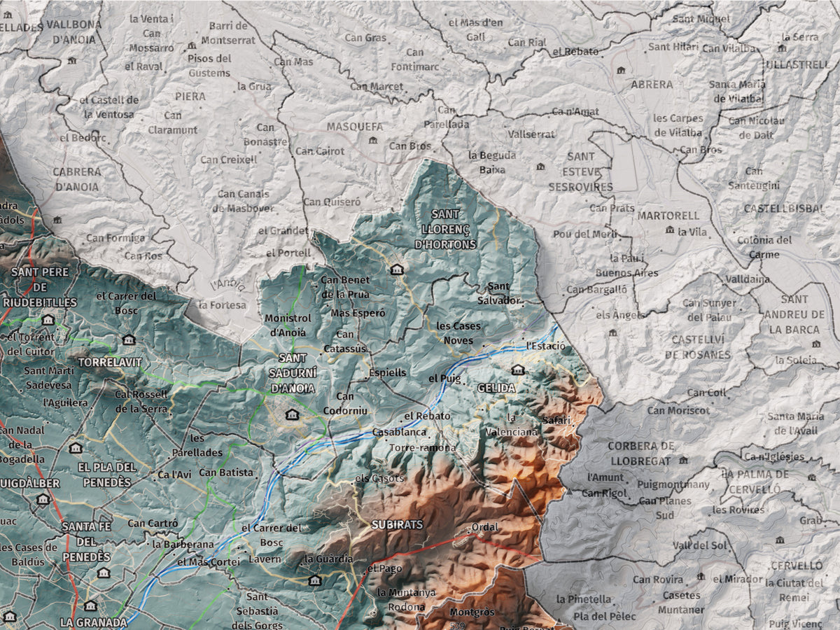 Mapa de relieve del Alt Penedès, con el territorio en color y el entorno en blanco. Detalle de la zona superior derecha. 30 × 40 cm. Estilo Azul y naranja.