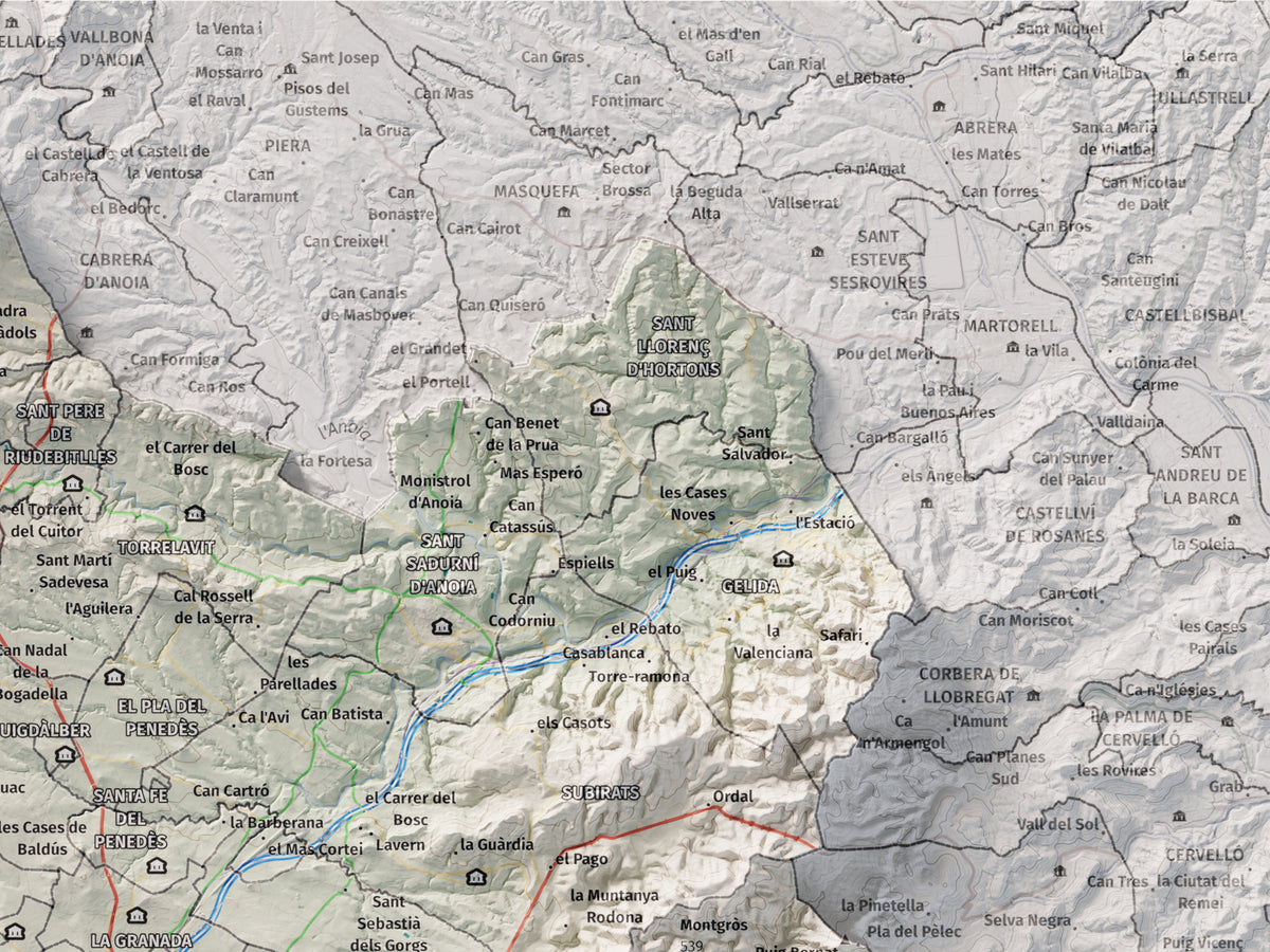 Mapa de relieve del Alt Penedès, con el territorio en color y el entorno en blanco. Detalle de la zona superior derecha. 30 × 40 cm. Estilo Cartográfico.